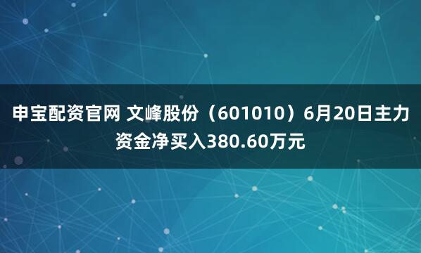 申宝配资官网 文峰股份（601010）6月20日主力资金净买入380.60万元